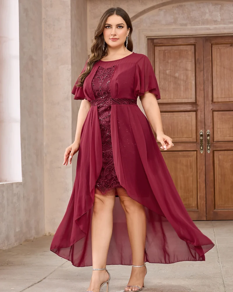 Elegant Mesh Floral Patchwork Round Neck Short Sleeve Plus Size Evening Dresses