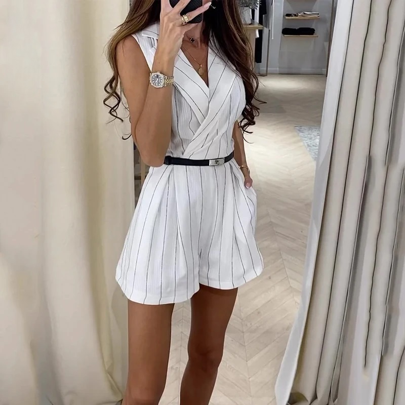 Elegant Office Striped Printed Lapel Nipped Waist Slim With Pockets Short Pants Jumpsuit No Belt