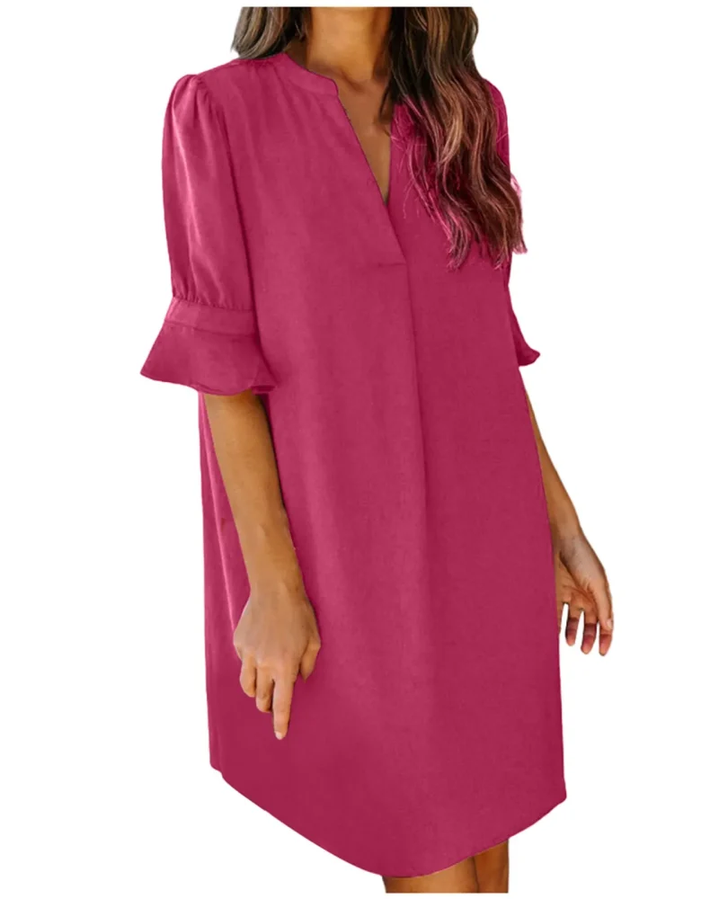 Elegant Ruffles V Neck Half Sleeve Solid Daily Loose Mini Dress