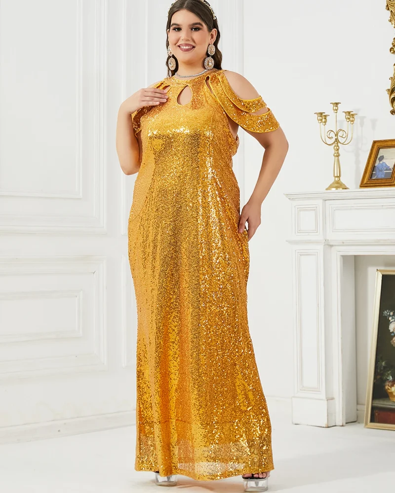 Elegant Sequin O-Neck Irregular Sleeves Plus Size Party Dress