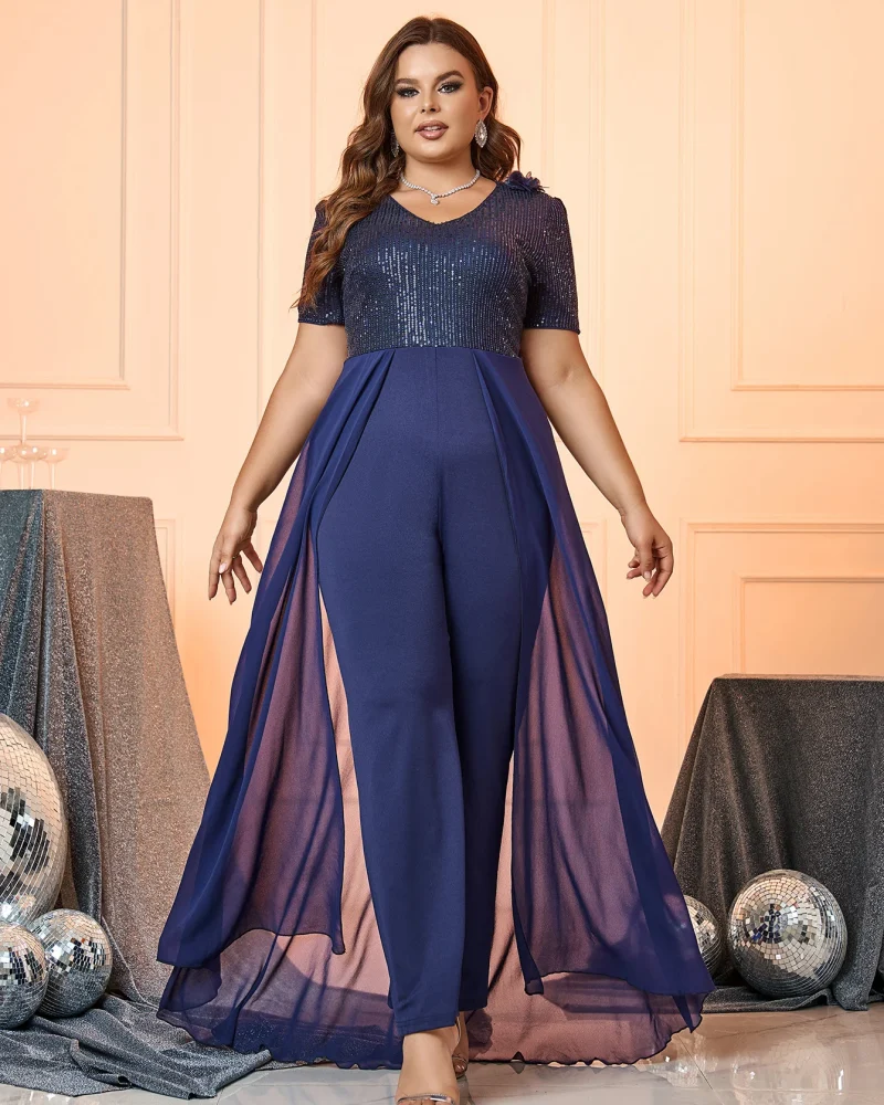 Elegant Sequins Ankle-Length Splicing Mesh Plus Size Party Dresses