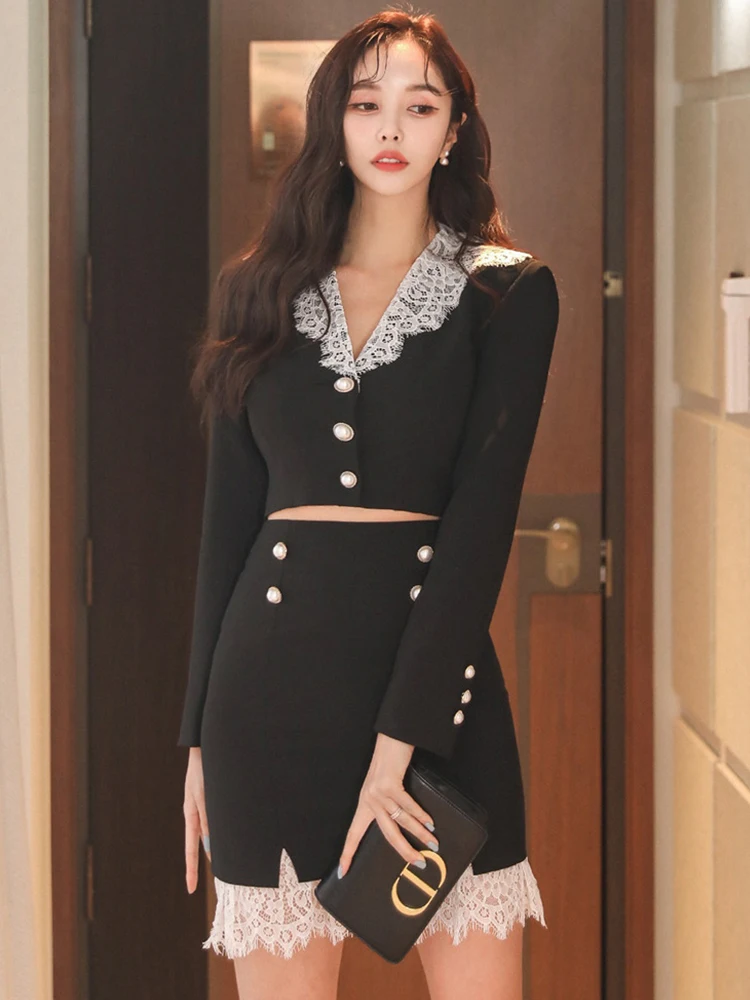 Elegant Short Peter Pan Collar Single-breasted Jacket Coat Package Hip Skirt 2 Pieces Sets