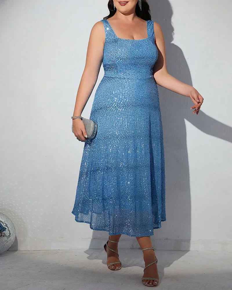Elegant Sequins Sleeveless Square Collar Large Size Party Dress