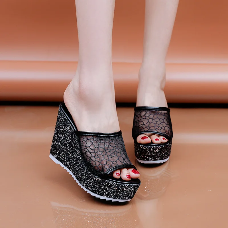 Elegant Solid Mesh Shallow Platform High Heels Wedges