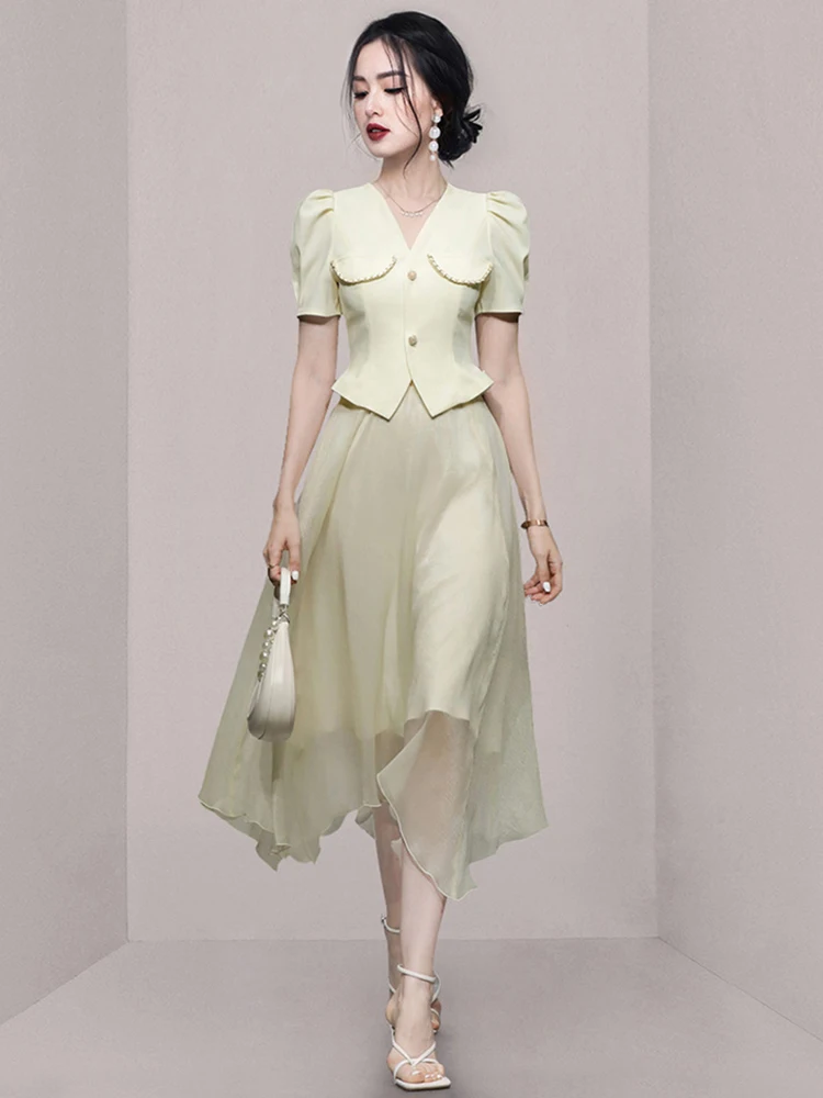 Elegant Vintage Casual Short Shirt Blouse Midi Skirt 2 Piece Outfit