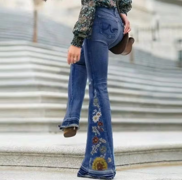 Embroidered High Waist Full Length Slim Flare Pants
