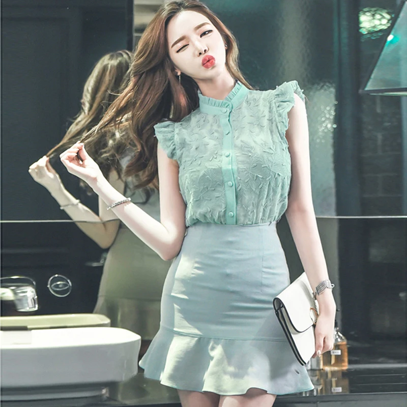 Embroidery office lady elegant simple mini skirt and sleeveless shirt 2 piece set