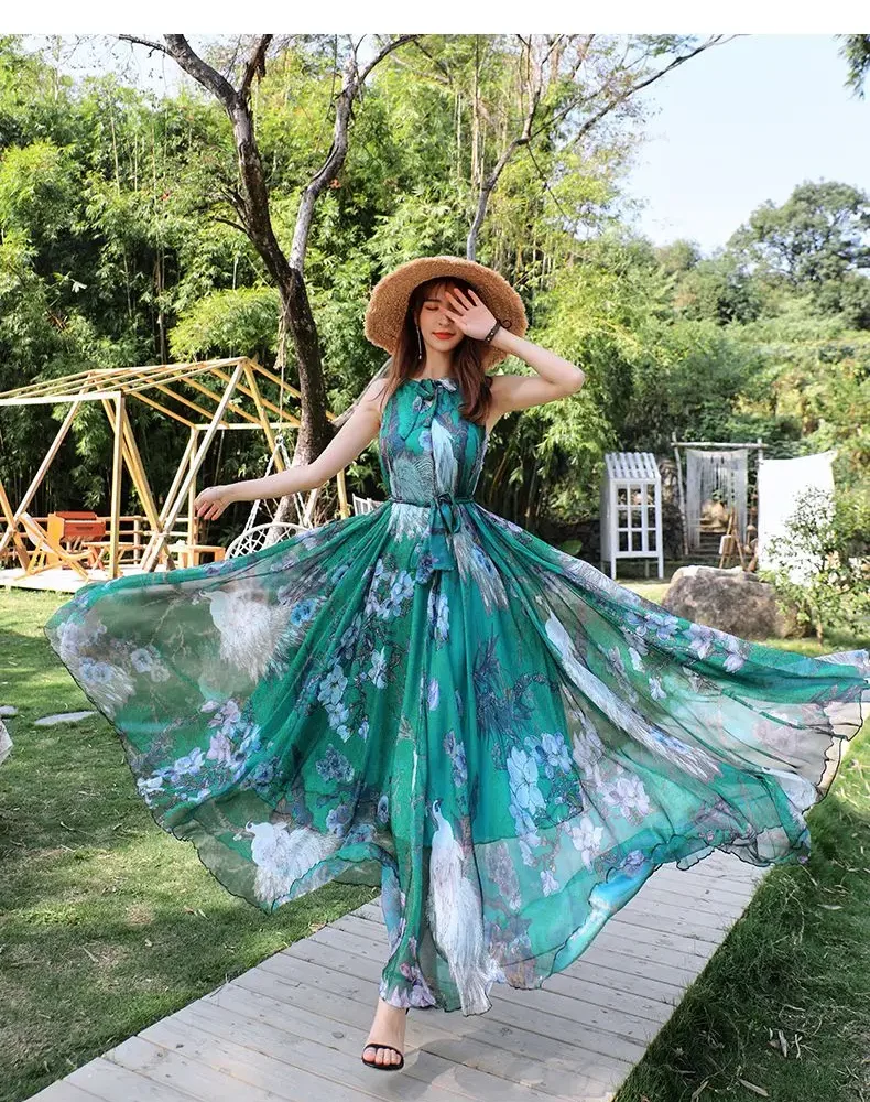 Floral Print Backless Beach Boho Robe Sun Maxi Dress