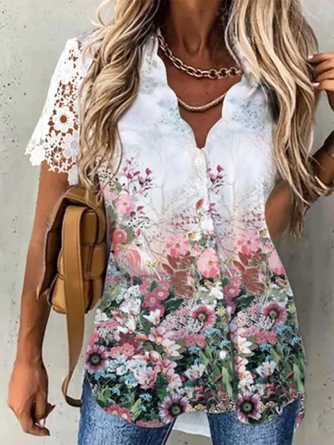 Floral Print Blouse Short Sleeve Button V Neck Casual Tops