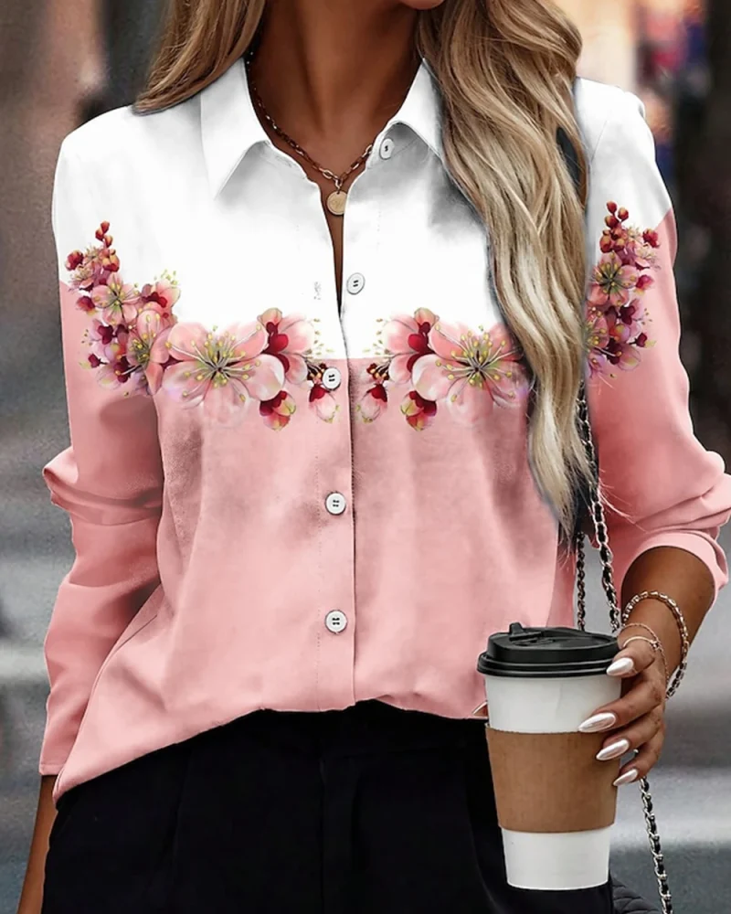 Floral Print Turn Down Collar Button Long Sleeve Holiday Fashion Shirts