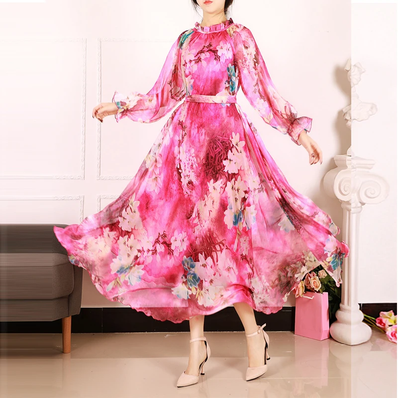 Flowers Print Fashion Clothing Robe Full Sleeve Midi dresses