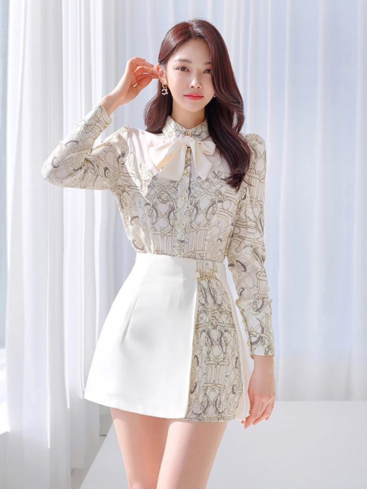 Formal Chic Vintage Print Office Print Tops Shirt Blouse Short Mini Skirt 2 Pieces Outfits