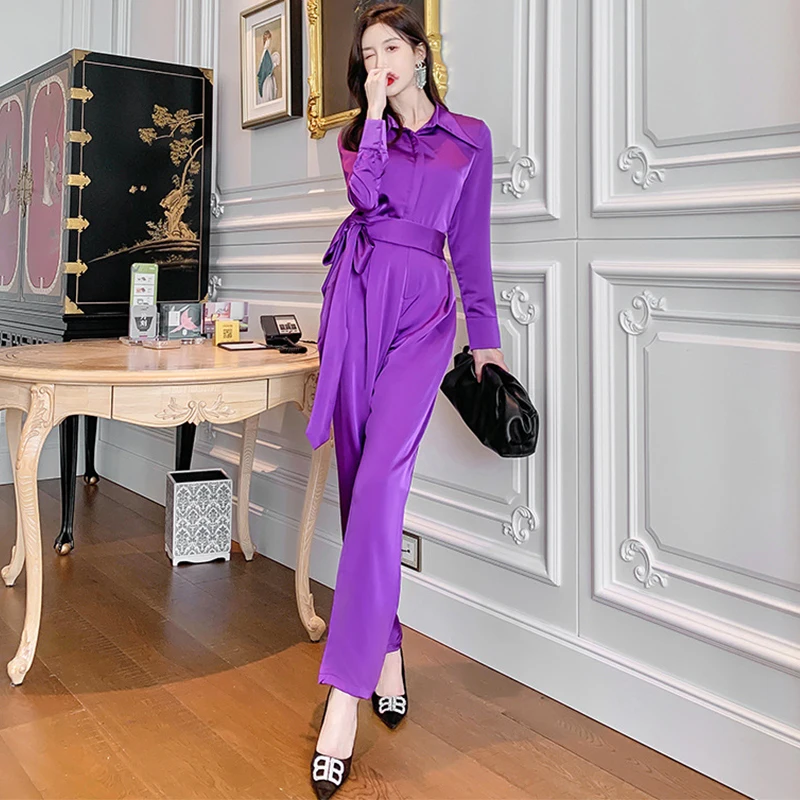 Formal Lace See Through Single Breasted Tops Shirt Blouse High Waist Pants 2 Pieces Outfits