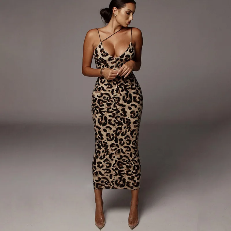 Formal Leopard Spaghetti Strap Pullover Party Club Midi Dress