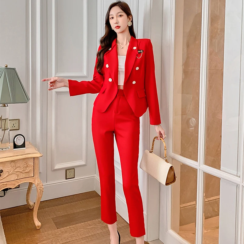 Formal Notched Neck Double breasted Coat Jacket Blazer Pants 2 Pieces Set