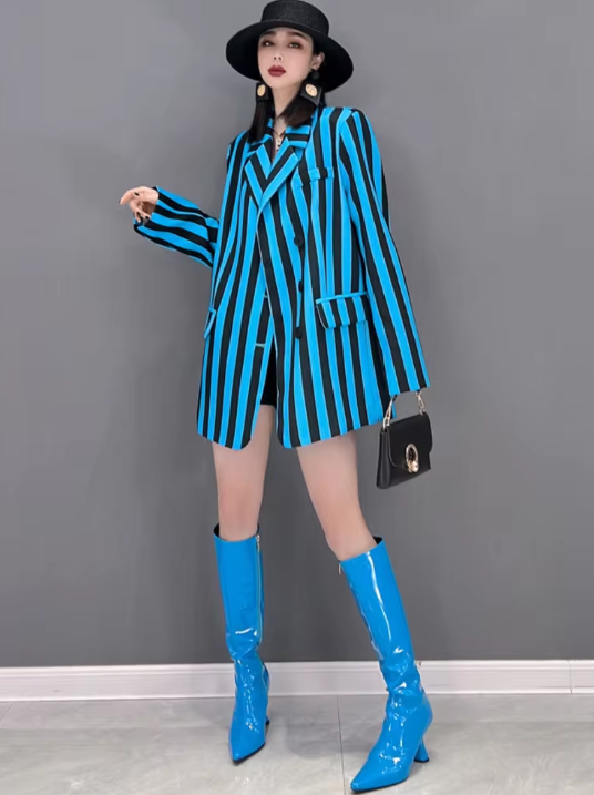 Formal Notched Single Breasted Striped Loose Blazers Suit