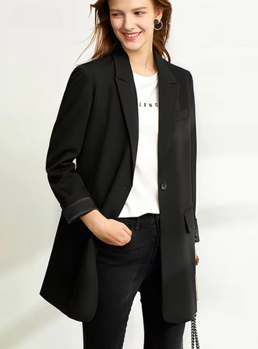 Formal Pockets Single Button Notched Loose Blazer Coat