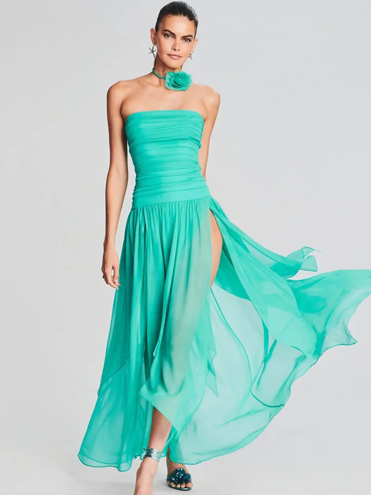 Formal Strapless Backless Mesh Ruched Pleated Club Party Long Dress
