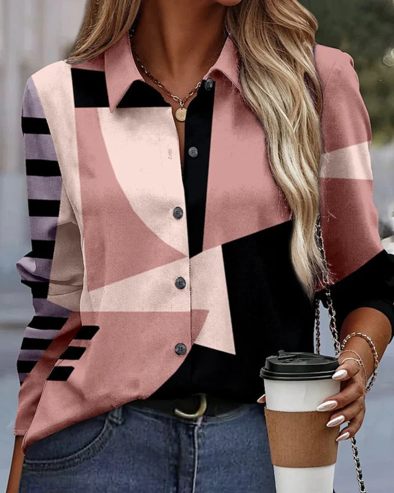 Geometric stripe printing Elegant Long-sleeved Turn Down Collar Solid Shirts