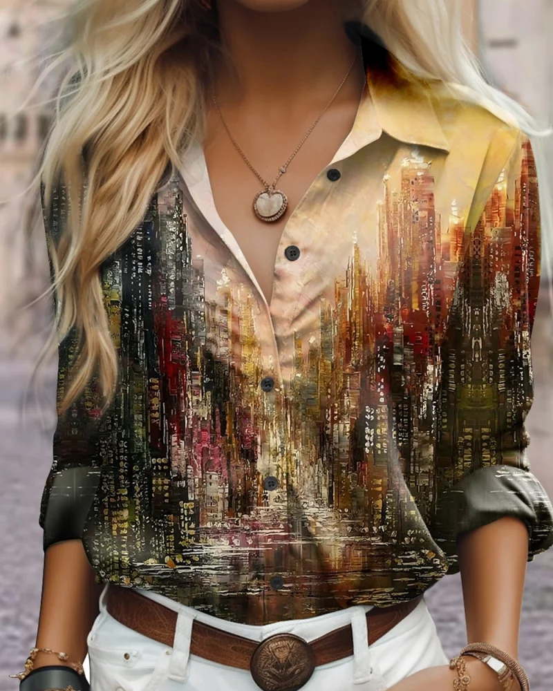 Graphic Print Button Closure Long Sleeve Casual Daily Basic Shirts