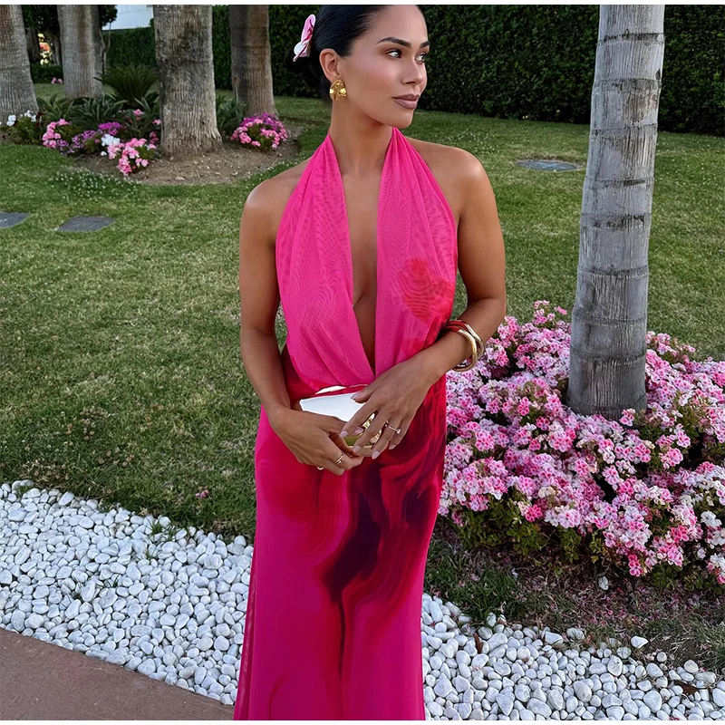 Halter Print Backless Bodycon Drape Tie Dye Sleeveless Elegant Maxi Dresses