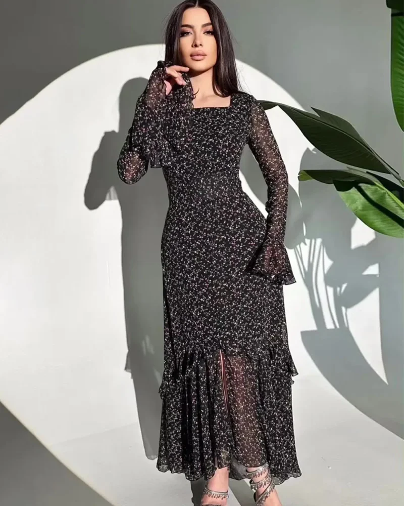 High Waist Slim Layered Lotus Sleeve Tie Asymmetrical Printed Elegant Maxi Dresses