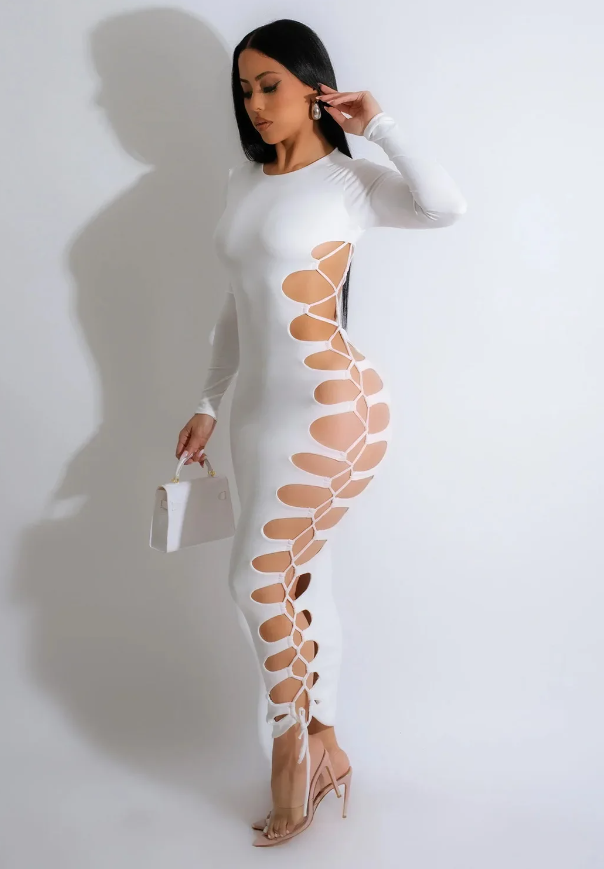 Hollow Out Drawstring Lace Up Evening Birthday Party Bodycon Maxi Dresses