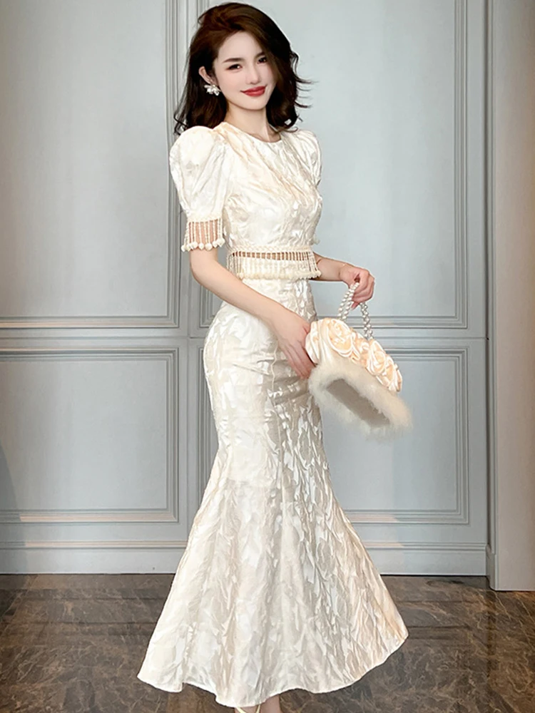 Jacquard Satin Short Tassel Cropped Tops Shirt Blouse High Waist Midi Skirt 2 Piece Outfit