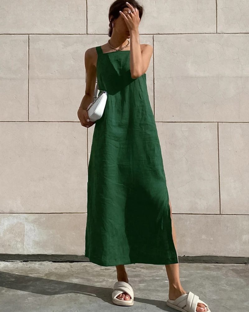 Linen Fashion Tank Slit Vacation Square Collar Backless Straight Dress
