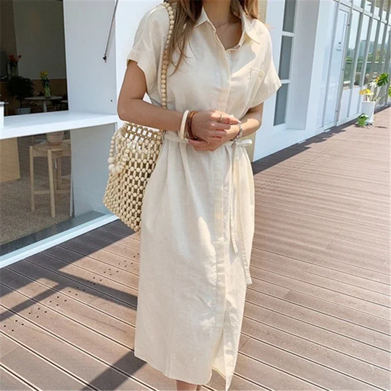 Linen Single Breasted Shirt Dress One Pocket Casual Loose Solid Lace Up Dress-1 Linen Single Breasted Shirt Dress One Pocket Casual Loose Solid Lace Up Dress