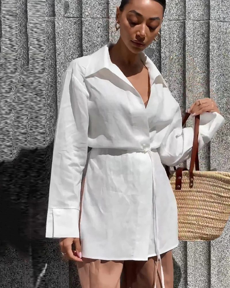 Linen Tops Fashion Solid Lace-Up Office Lady Elegant V-Neck Wrap Blouses