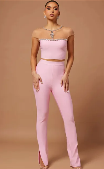 Luxury Mesh Crystal Beading Pants Bandage Two Piece Outfit
