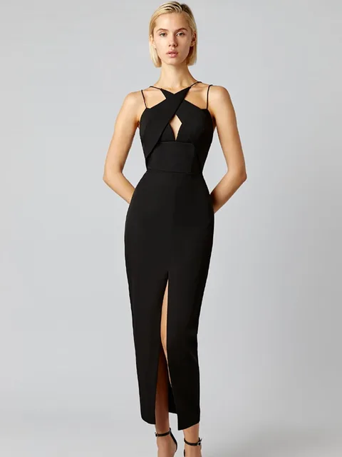 Luxury Sleeveless Key Hole Split Backless Black Midi Bandage Dress