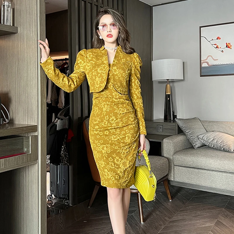 OL Retro Jacquard Stand Collar Hidden Breasted Short Jacket Coat Blazer Strap Midi Dress 2 Pieces Set