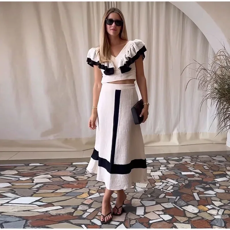 Patchwork Fashion Elegant V-neck Fly Sleeve Cropped Tops High Waist A-line Skirts Sets