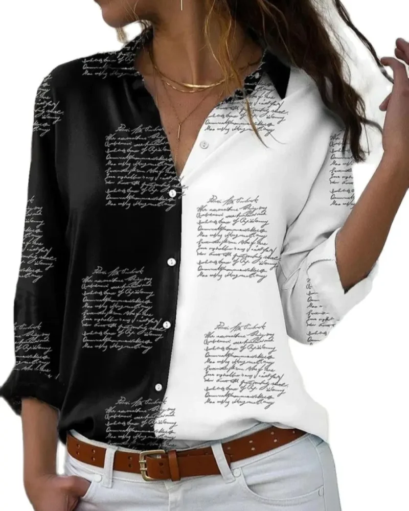 Patchwork Printed Blouse Long Sleeved Lapel Button Casual Polyester Shirt