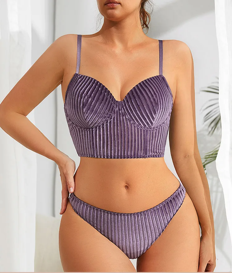 Polyamide V-shape Ribbed Briefs Push-up Underwire Bra Sets