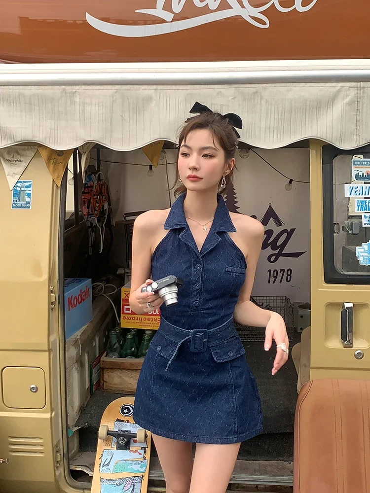 Retro Turn-down Collar Button Denim Sleeveless High Waist A-line Jeans Mini Dress