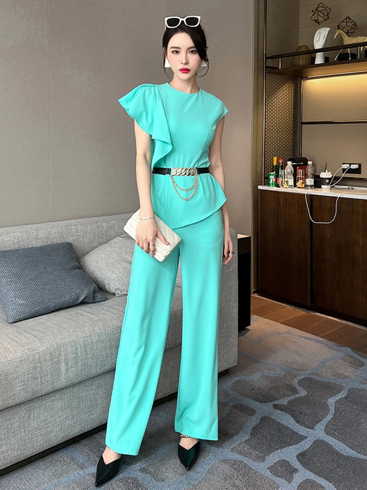 Ruffle Asymmetrical Tops Shirt Blouse Pocket Wide Leg Loose Pants 2 Piece Outfit