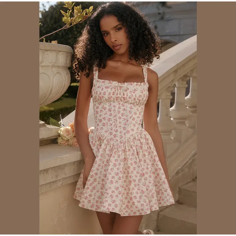 Ruffles Pleat Lace Up Sling Chic Vestidos Floral Print Sakter Dresses