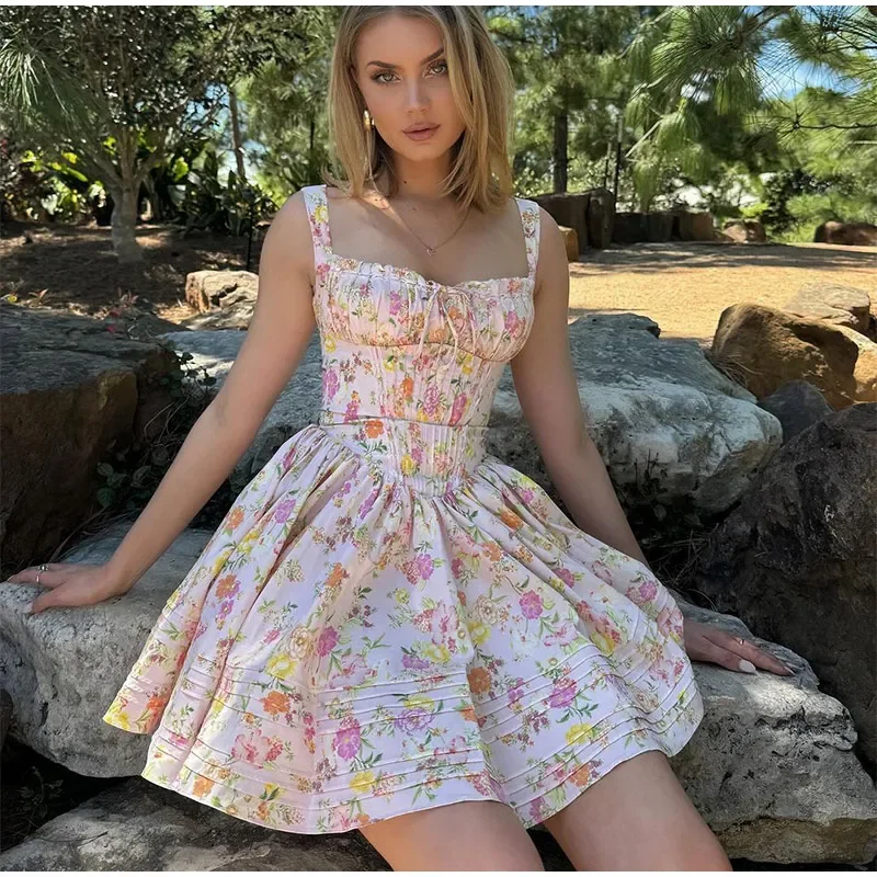 Ruffles Pleat Lace Up Sling Chic Vestidos Floral Print Sakter Dresses