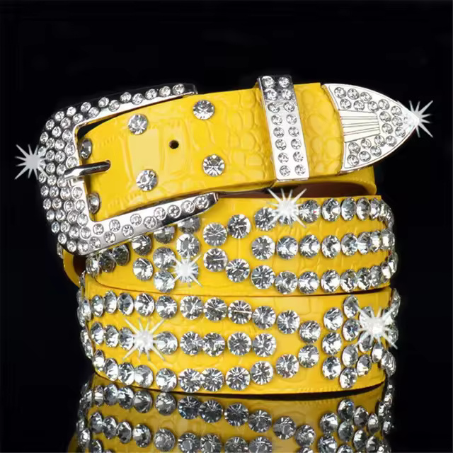 Print Fashion Studded Rhinestone Bling Crystal PU Leather Belt
