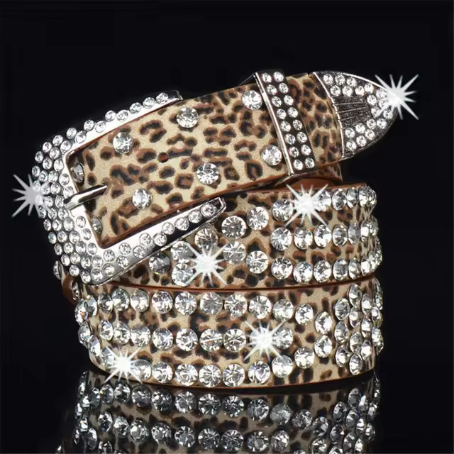 Leopard Fashion Print Studded Rhinestone Bling Crystal Leather Belt