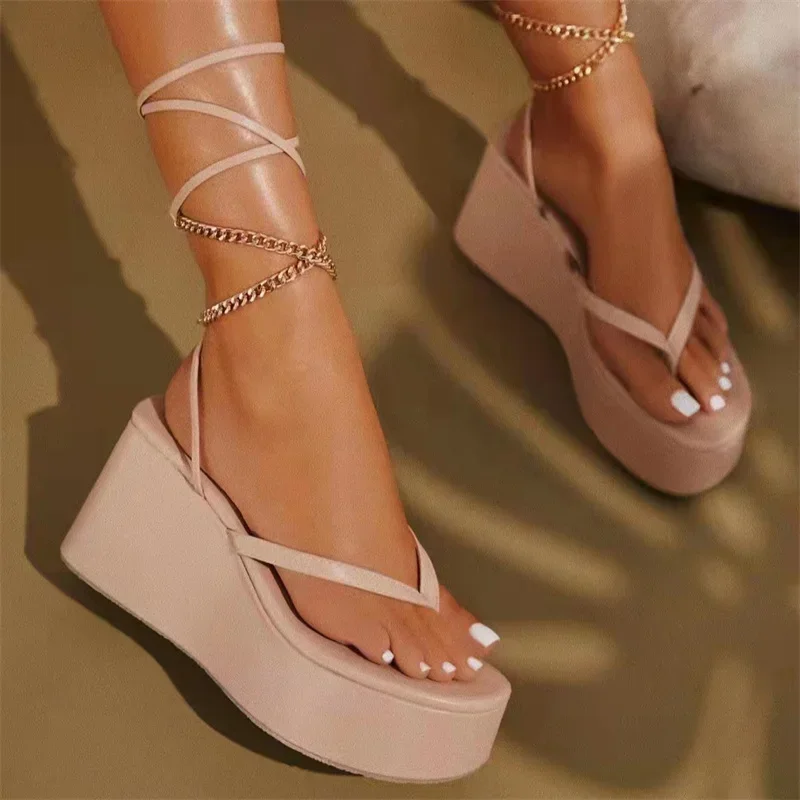 Simple Comfortable Metal Chain Ankle Strap Flip-Flops Platform Wedge