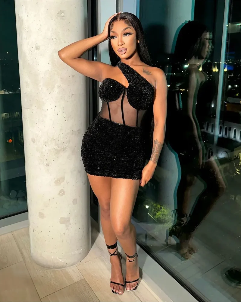 Sleeveless Oblique Shoulder Mid Waist Mesh Comfortable Solid Color Short Dress