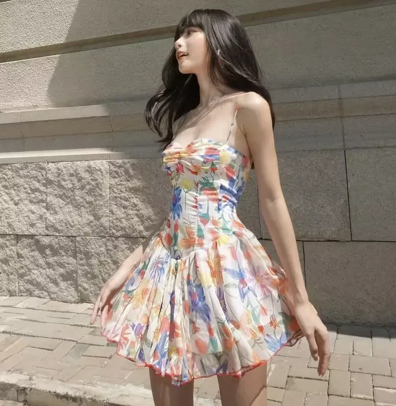 Sling Robe Corset Style Spaghetti Strap Flower Print Skater Mini Dresses