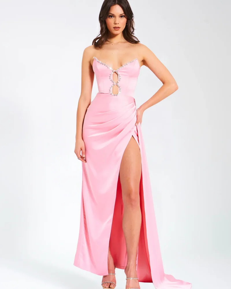 Strapless Off the Shoulder Crystal Satin Celebrity Birthday Party Long Dress