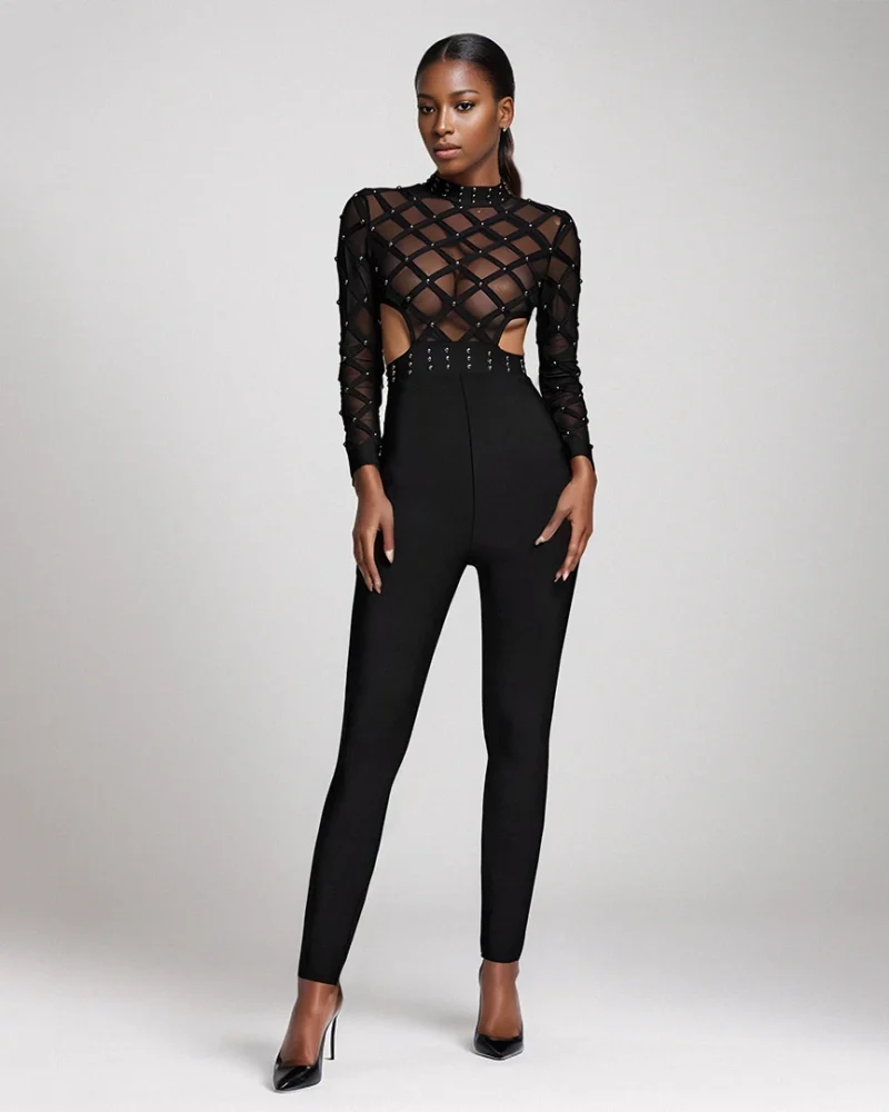Top Quality Long Sleeve Mesh Beading Bodycon Fashion Celebrity Nightclub Party Wear Jumpsuit