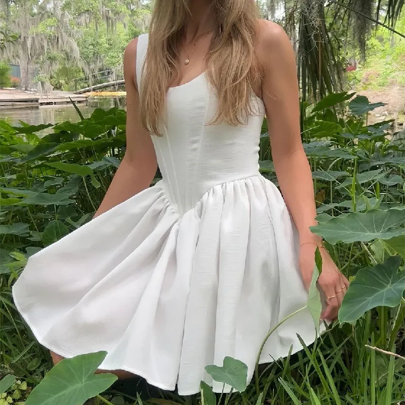 U Collar Corset Style Low Waist Sleeveless Elegant Mini Skater Tank Dresses