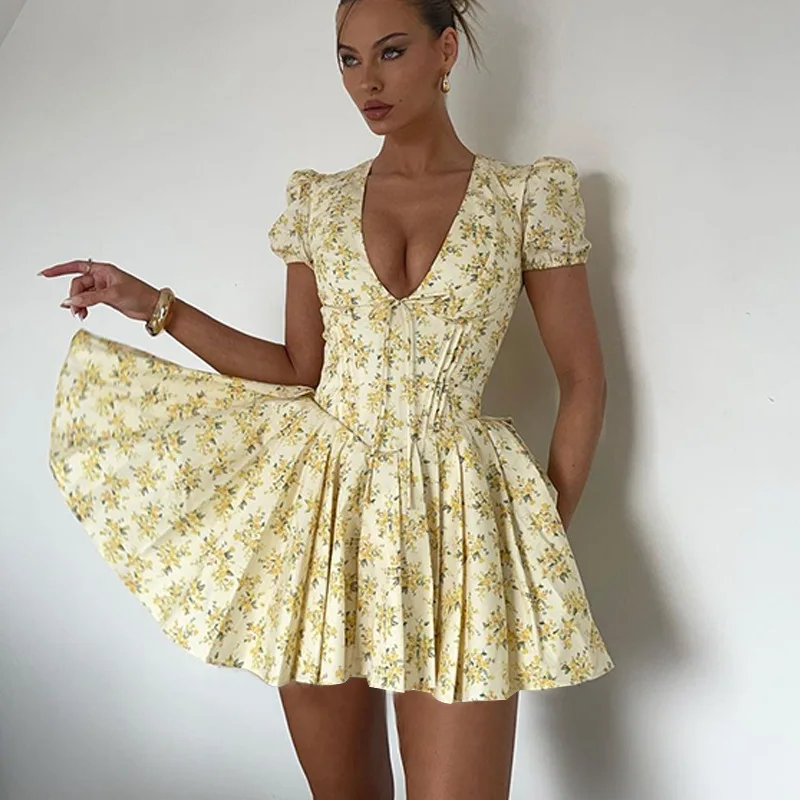 V Neck Floral Print A Line Pleated Vintage Puff Sleeve Elegant Short Dresses